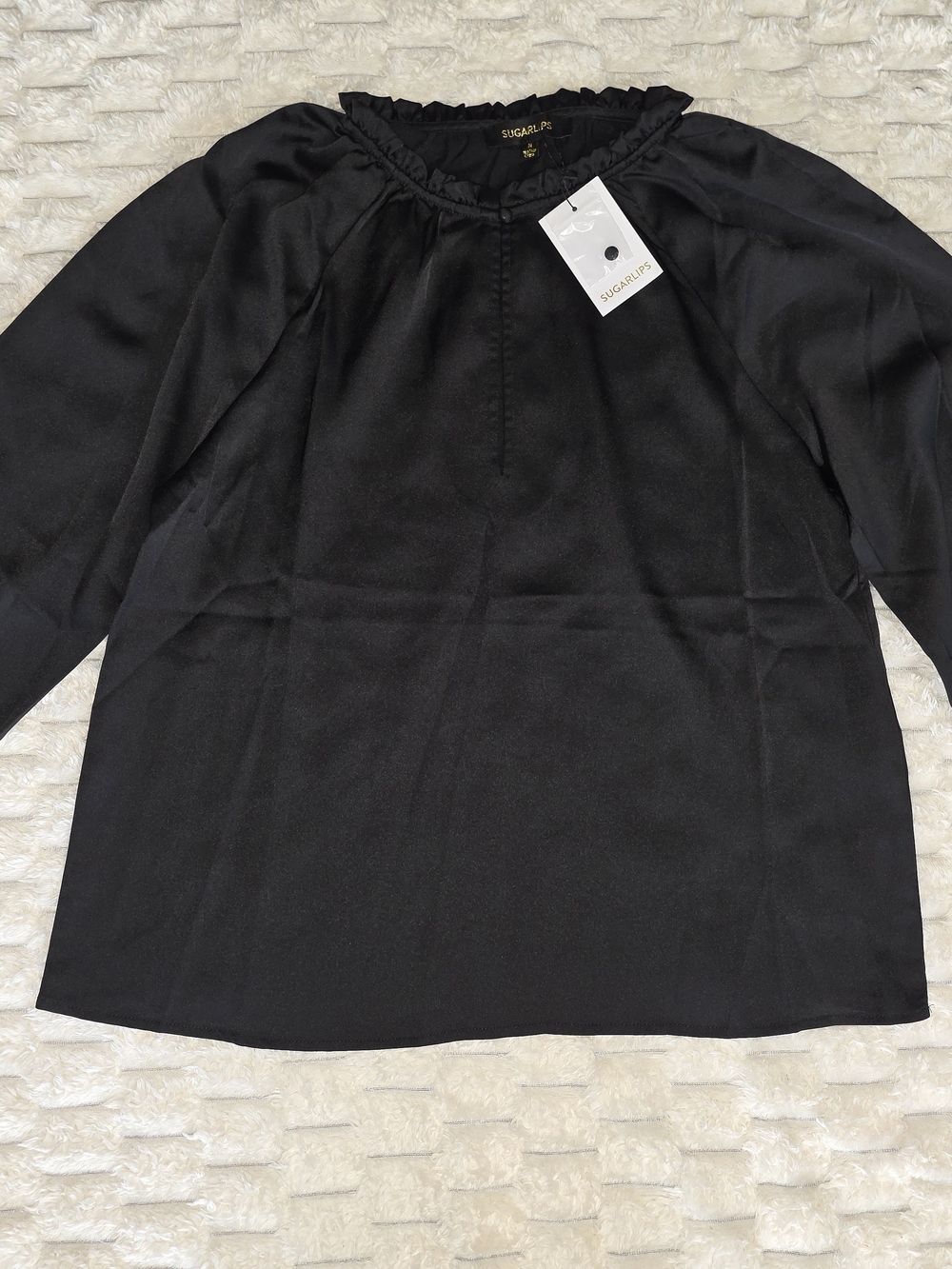 Sugarlips Black Ruffle-Neck Satin Top